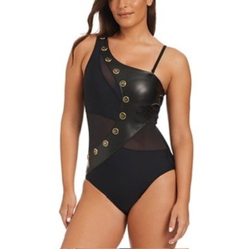 Beyond One Piece Swimsuit Womens‎ Sz 8 Black NEW Faux Leather Button Cutout $129